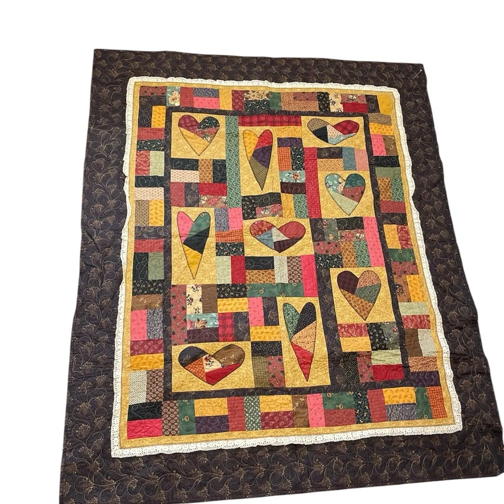 Handmade Patchwork Heart Quilt Throw ~ Wall Hanging ~ 52”X 64”~ SIGNED